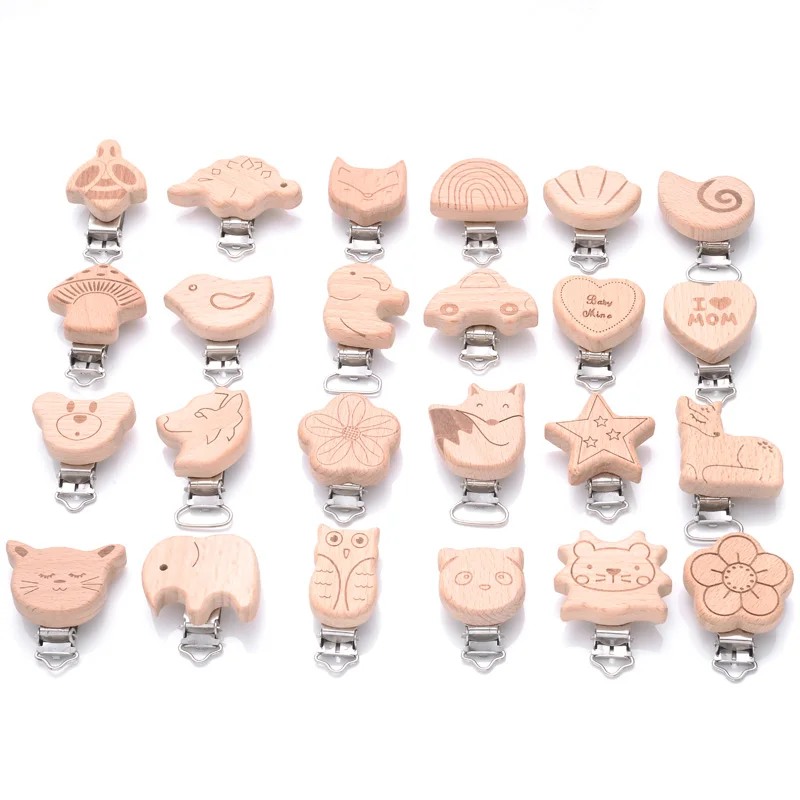 Pince factice en bois de hêtre avec impression d'animaux, 1 pièce, pince à tétons pour anneau de dentition, jouets à mâcher, accessoire de bricolage, chaîne de sucette Anti-chute pour bébé