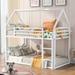 Whimsical House Bunk Bed with Convertible Built-in Ladder for Kids, Low Metal Bedframe with Guardrail, Twin Over Twin, White