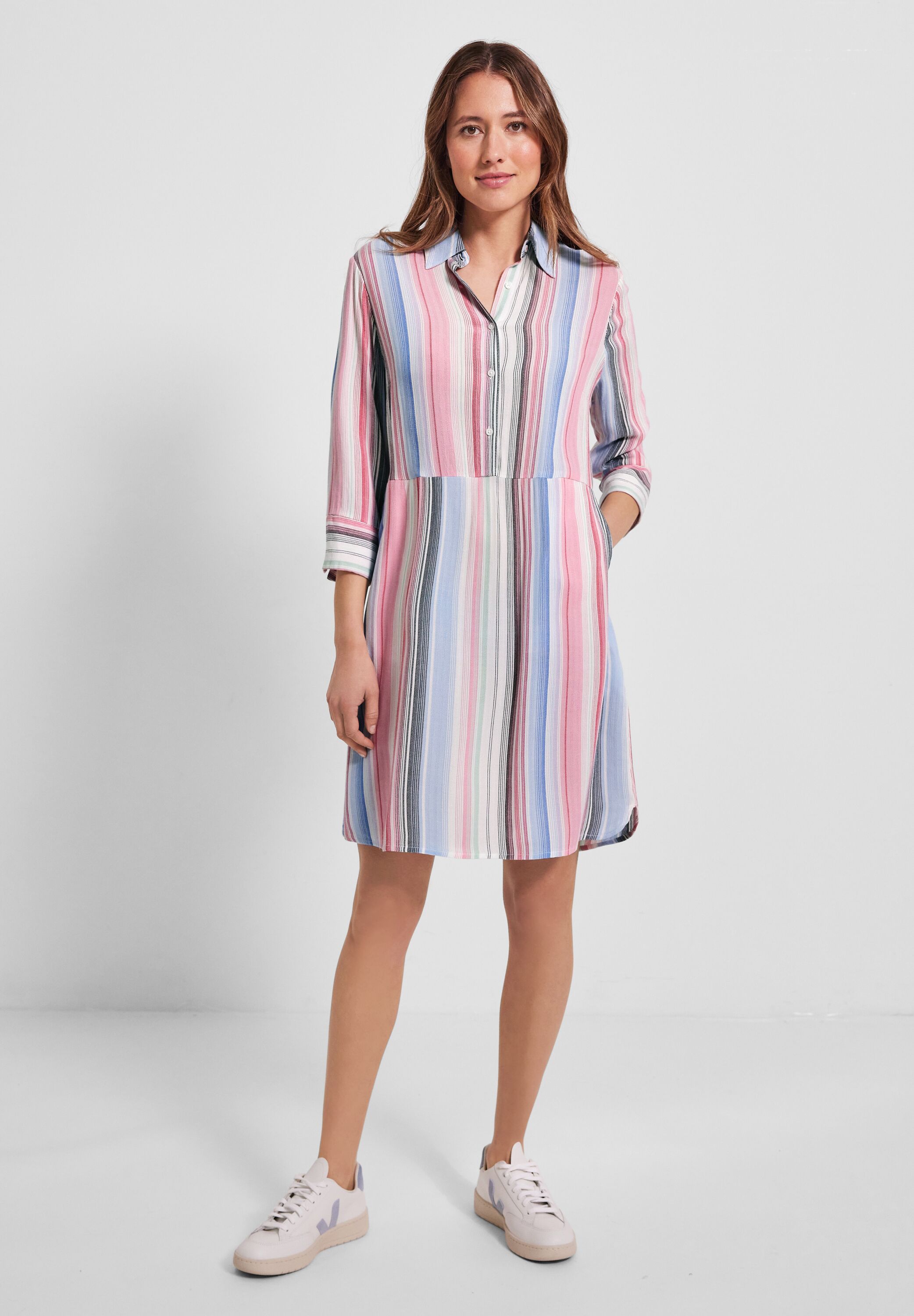 Blusenkleid CECIL Gr. XL (44), US-Größen, weiß (vanilla white) Damen Kleider Freizeitkleider mit Streifen Muster