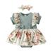 Baby Deals! Toddler Girl Clothes Clearance Toddler Boy Outfit Sets 1-18M Baby Girl Short Sleeve Ruffle Edge Dress Flower Stripe Wrapped Fart Suit One-piece Headband Set