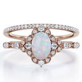 JeenMata Vintage Style Five-Stone 1.5 Carat Elliptical Rainbow Opal And Moissanite Cluster Pave Bridal Set In 18K Rose Gold Plating Over Silver