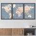 IDEA4WALL Large Global Antique World Map - Framed Canvas 3 Piece Print Triptych Set Wall Art Canvas in Blue | 24 H x 48 W x 1.5 D in | Wayfair