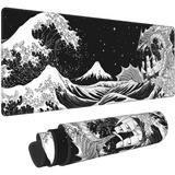 Black and White Japanese Waves Sea Dragon Gaming Mouse Pad XL Extended Large Mouse Mat Desk Pad Stitched Edges