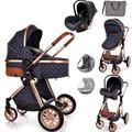 Baby Pram Pushchair Buggy Stroller 3 in 1 Child Lightweight Folding Stroller 3 in 1 Travel System Pram for Newborns Toddlers 0-36 Months from Birth Aluminum (Blue Denim - Rose Gold Frame)