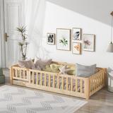 Twin/Full/Queen Size Floor Bed with Fence and Door, Wooden Montessori Platform Bed Frame Daybed Playpen Bed for Kids, Boys Girls