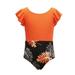 B91xZ Baby Swimsuit Girl Teen Kids Girls Swimsuits OnePiece Kids Black Swimsuits Chest Pads Girl Sun Ruffler Sleeves Floral Orange Sizes 5-6 Years