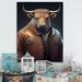 Trinx Mouloud Bull w/ a Stylish Brown Leather Jacket I - Print on Canvas in Blue/Brown | 20 H x 12 W x 1 D in | Wayfair