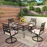 Wood-look Table and 4 Pattern Swivel Chairs with Cushion 5-Piece Metal Outdoor Patio Dining Set Swivel Chiars - 5-Piece Sets