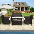 4 Pieces Brown Outdoor Rattan Sofa Seating Group Patio Convertion Set with White Cushions