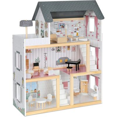 Lil' Jumbl Wooden Dollhouse with 17-Piece Accessories and Furniture