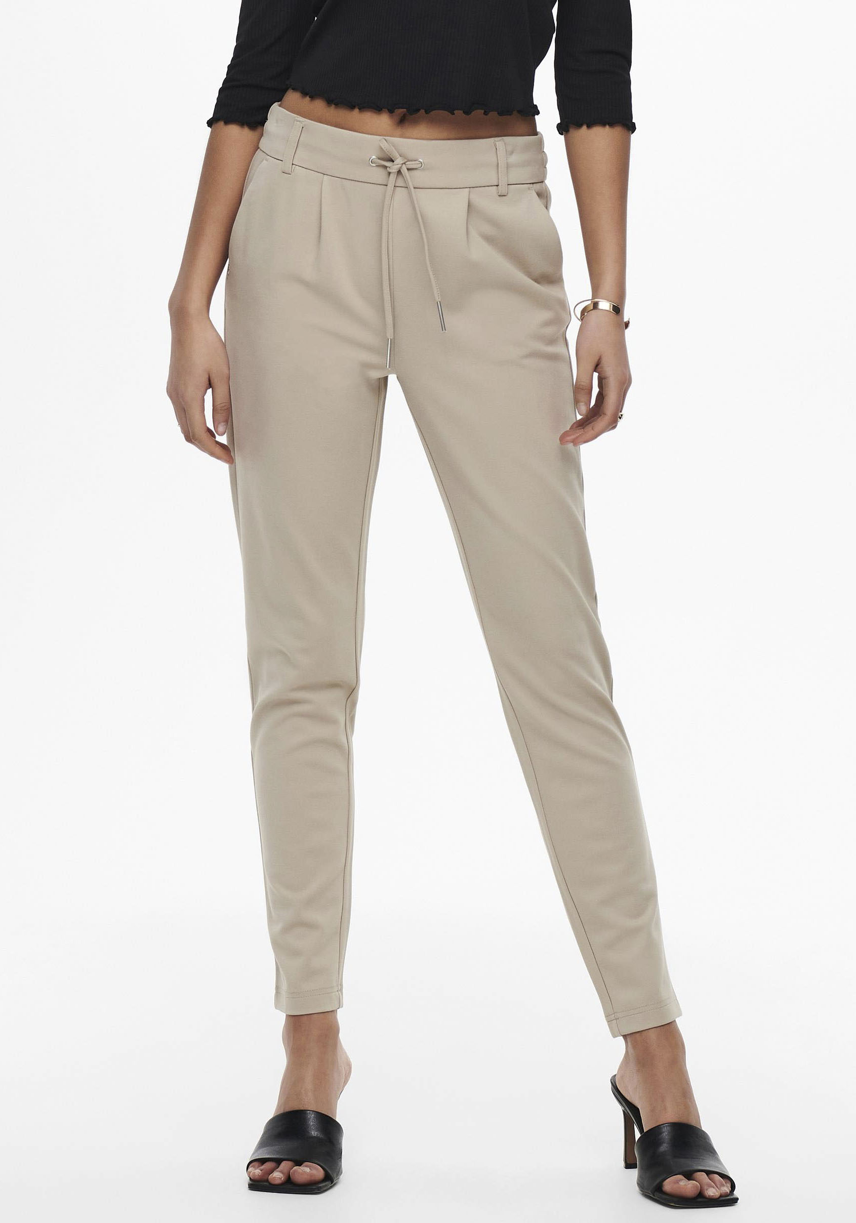 Jogger Pants ONLY "ONLPOPTRASH LIFE EASY COL PANT PNT NOOS", Damen, Gr. XS (34), Länge 30, beige (pure cashmere), Milano Rib, Obermaterial: 63% Viskose, 32% Nylon, 5% Elasthan, unifarben, regular fit lang, Hosen, mit elastischem Bund und Kordelzug