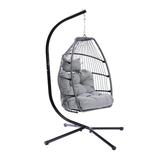 Outdoor Patio Wicker Folding Hanging Chair Rattan Swing Hammock Egg Chair with Cushion and Pillow Gray
