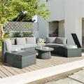 10-Piece Outdoor Wicker Round Sofa Set Half-Moon Sectional Patio Sofa Set with Storage Side Table Curved Sofa Set With Round Coffee Table Thick Cushions and Pillows UV Resistant Light Gray