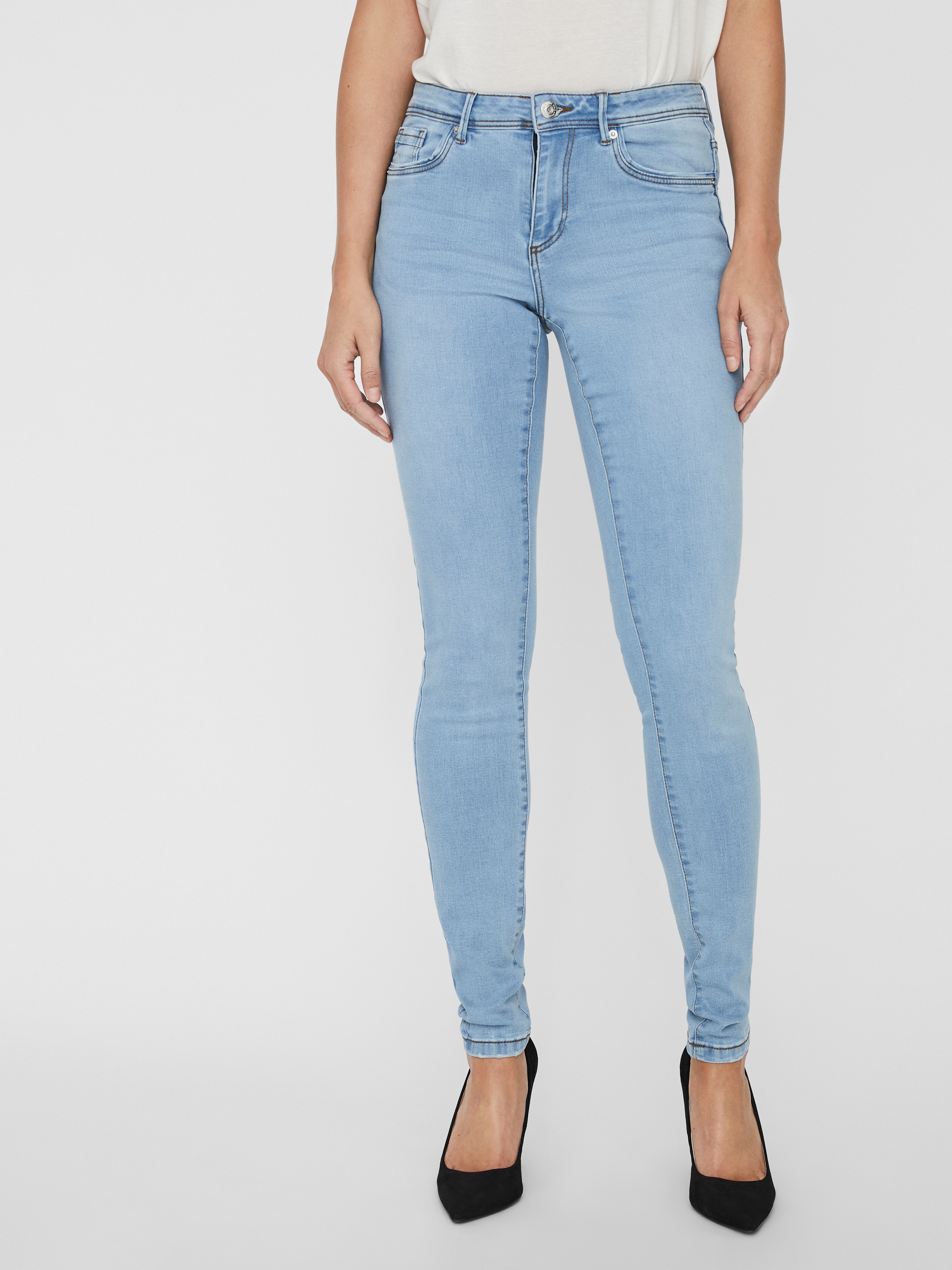 Skinny-fit-Jeans VERO MODA "VMTANYA MR S PIPING JEANS VI352 GA NOOS", Damen, Gr. S (36), Länge 32, blau (light blau denim), Denim/Jeans, Obermaterial: 69% Baumwolle, 25% Polyester, 3% Elasthan, 3% Viskose, skinny fit, Jeans