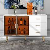 Sideboard MDF Buffet Cabinet Marble Sticker Tabletop and Amber-yellow Tempered Glass Doors