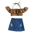 Qtinghua Toddler Baby Girls Summer Outfits Tie-Up Halter Neck Ruffles Tank Tops Distressed Denim Skirts Clothes