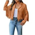 Women Vintage Faux Suede Tassel Cropped Jacket Long Sleeve Fringe Leather Coat Hippie Motorcycle Biker Jackets Tops