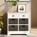 Lecut Rustic Storage Cabinet with 2 Drawers and 4 Storage Rattan Basket Organizer Unit for Bedroom Kitchen Entryway Living Room Retro Accent Furniture Storage Cabinet White