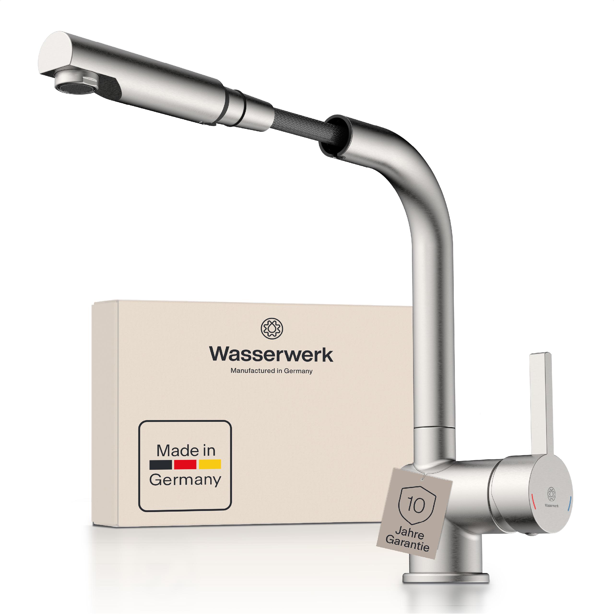 Spültischarmatur WASSERWERK "WK 4, Wasserhahn, Küche, Einhebelmischer", silber (edelstahloptik), B:5,7cm H:29,8cm T:23,3cm, Messing, Armaturen, 360 schwenkbar, Cold-Start-Funkt., herausziehbar