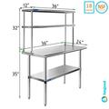 AmGood 24 x 36 Stainless Steel Work Table With 12 Wide Double Tier Overshelf | Metal Kitchen Prep Table & Shelving Combo