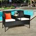 1-Piece Rattan Sofa Set Black Steel Frame Patio Conversation Set Seat Sofa With White Cushions