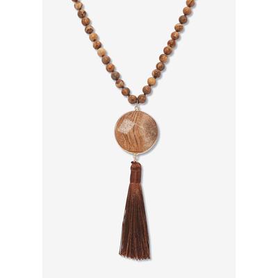 Women's Round Genuine Brown Jasper Goldtone Bezel Set Cabochon Beaded Necklace 34 Inch by PalmBeach Jewelry in Brown