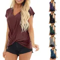 Sweat-shirt décontracté à manches courtes pour femmes haut torsadé devant irrégulier chemise femme