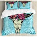 Boho Duvet Cover Set King Size Skull of Buffalo with Colorful Flowers on Horns and Faded Color Mandala Background Decorative 3 Piece Bedding Set with 2 Pillow Shams Multicolor by Ambesonne