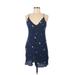 Dee Elly Casual Dress - Mini Plunge Sleeveless: Blue Dresses - Women's Size Medium