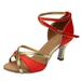 Itsun Heel Sandals for Women Girl Latin Dance Shoes Med-Heels Satin Shoes Party Tango Dance Shoes Red