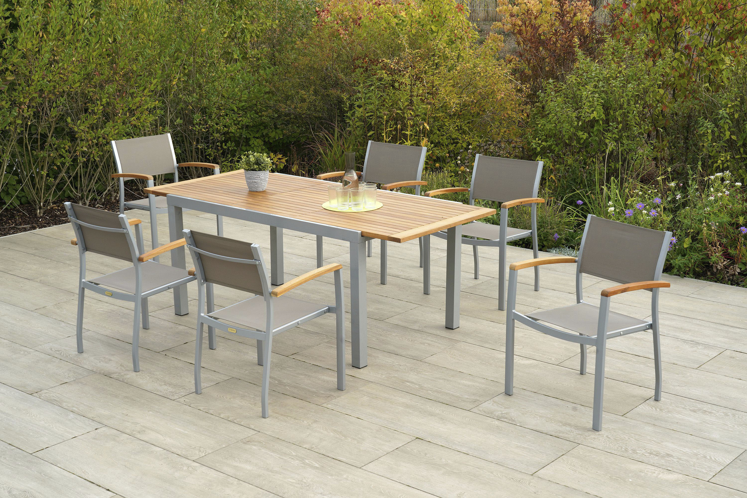 Garten-Essgruppe MERXX "Naxos", grau (silber, grau, natur,), Aluminium, Massivholz, Stoff, Sitzmöbel-Sets