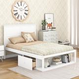 Full Size Spacious Storage Platform Bed with Drawer and Shelf, White