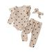 ZCFZJW Newborn Baby Girl Clothes Infant Girls Outfits Heart Print Ribbed Ruffled Long Sleeve Romper Bodysuit Pants Headband 3 Pieces Set Beige 0-3 Months