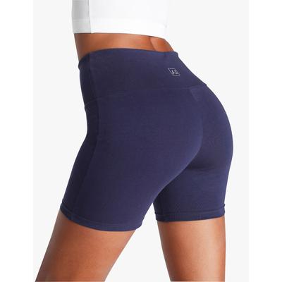 Shorts LASCANA, Damen, Gr. 40/42, N-Gr, blau (marine), Single Jersey, Obermaterial: 95% Baumwolle, 5% Elasthan, unifarben, Basic, kurz, Hosen, mit breitem Bündchen und Logodruck, Loungewear Image