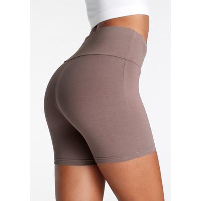Shorts LASCANA, Damen, Gr. 48/50, N-Gr, grau (taupe), Single Jersey, Obermaterial: 95% Baumwolle, 5% Elasthan, unifarben, Basic, kurz, Hosen, mit breitem Bündchen und Logodruck, Loungewear Image