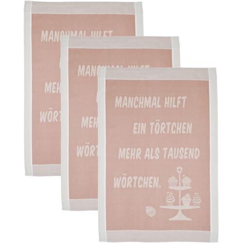 „Geschirrtuch ROSS „“Manchmal hilft ein Törtchen mehr als tausend Wörtchen““ Geschirrtücher Gr. 3 tlg., 100 % Baumwolle, rosa (rosa, grau) Geschirrtücher Sprüchetuch, aus 100% Baumwolle“