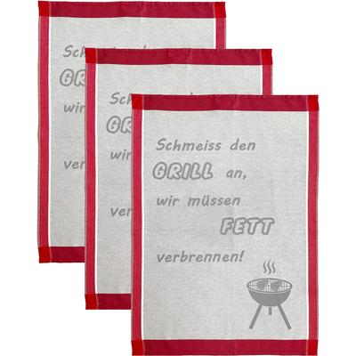 Geschirrtuch ROSS "Schmeiss den Grill an, wir müssen Fett verbrennen", grau (grau, rot), B:50cm L:70cm, 100% Baumwolle, Geschirrtücher, Sprüchetuch, aus 100% Baumwolle Image