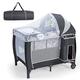 INFANS 4 in 1 Pack and Play, Portable Baby Playard with Bassinet, Mattress, Diaper Changer, Travel Bag, Music Box, Toys, Net, Storage Basket, Foldable Infant Baby Nursery Center Playpen