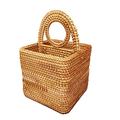 i-lan Handwoven Rattan Square 2-Compartment Storage Box Cosmetics Desk Organizer Utensil and Handicrafts Home Decorative Serving Basket Remote Control Holder