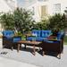 Outdoor Wicker 4-Piece Seating Set with Wood Table and Beige Cushion