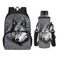chaqlin Grey Wolf School Bags Set for Kids Children,2 Pcs Personalized School Backpack Set with Water Bottle Carrier Bag,Boys Girls Cute Bookbags Large Rucksack Set for Travel,Camping,Hiking