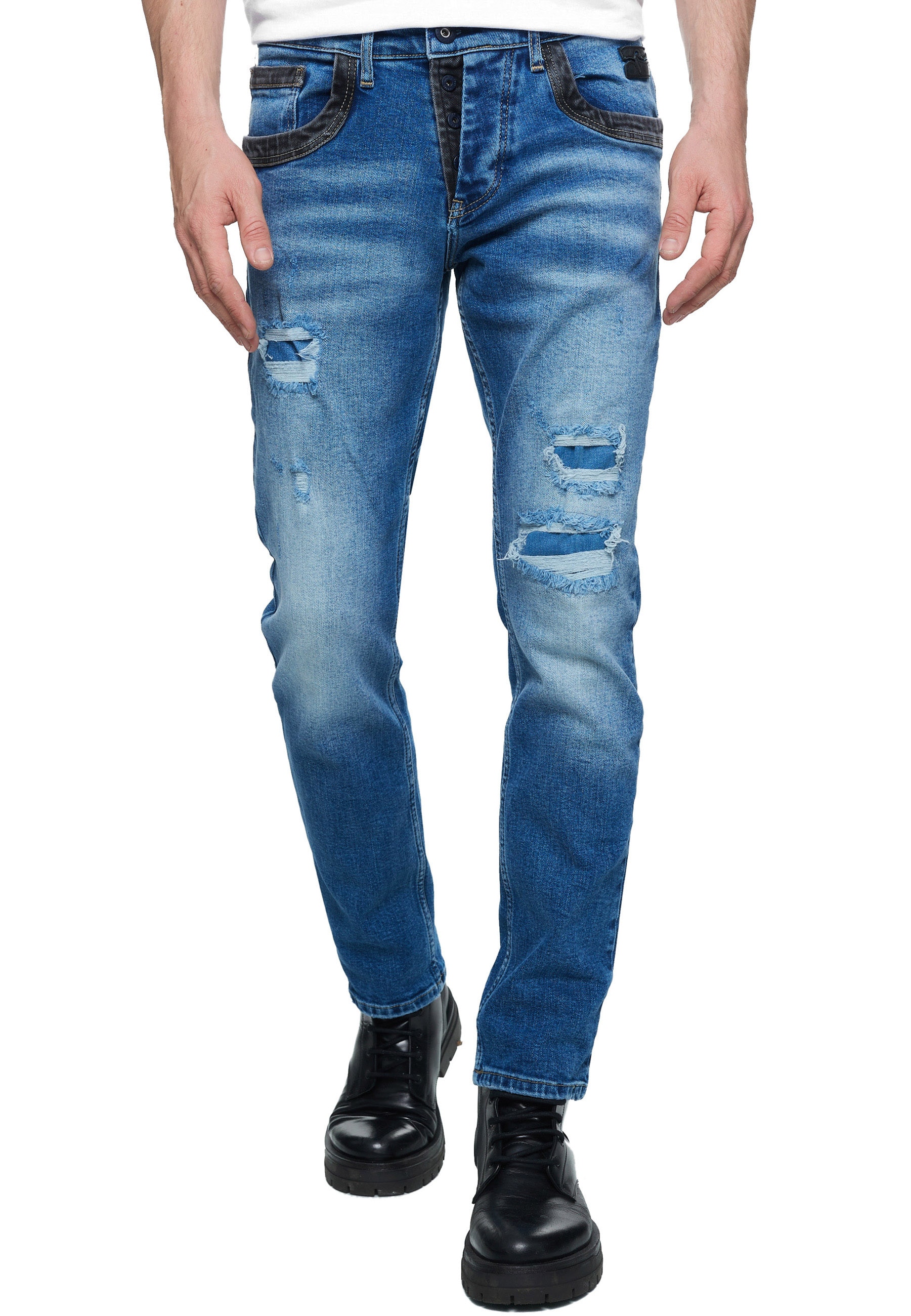 Straight-Jeans RUSTY NEAL "YOKOTE", Herren, Gr. 36, US-Größen, blau, 98% Baumwolle, 2% Elasthan, mehrfarbig, lang, Jeans Straight-Jeans, mit farblich abgesetzten Details
