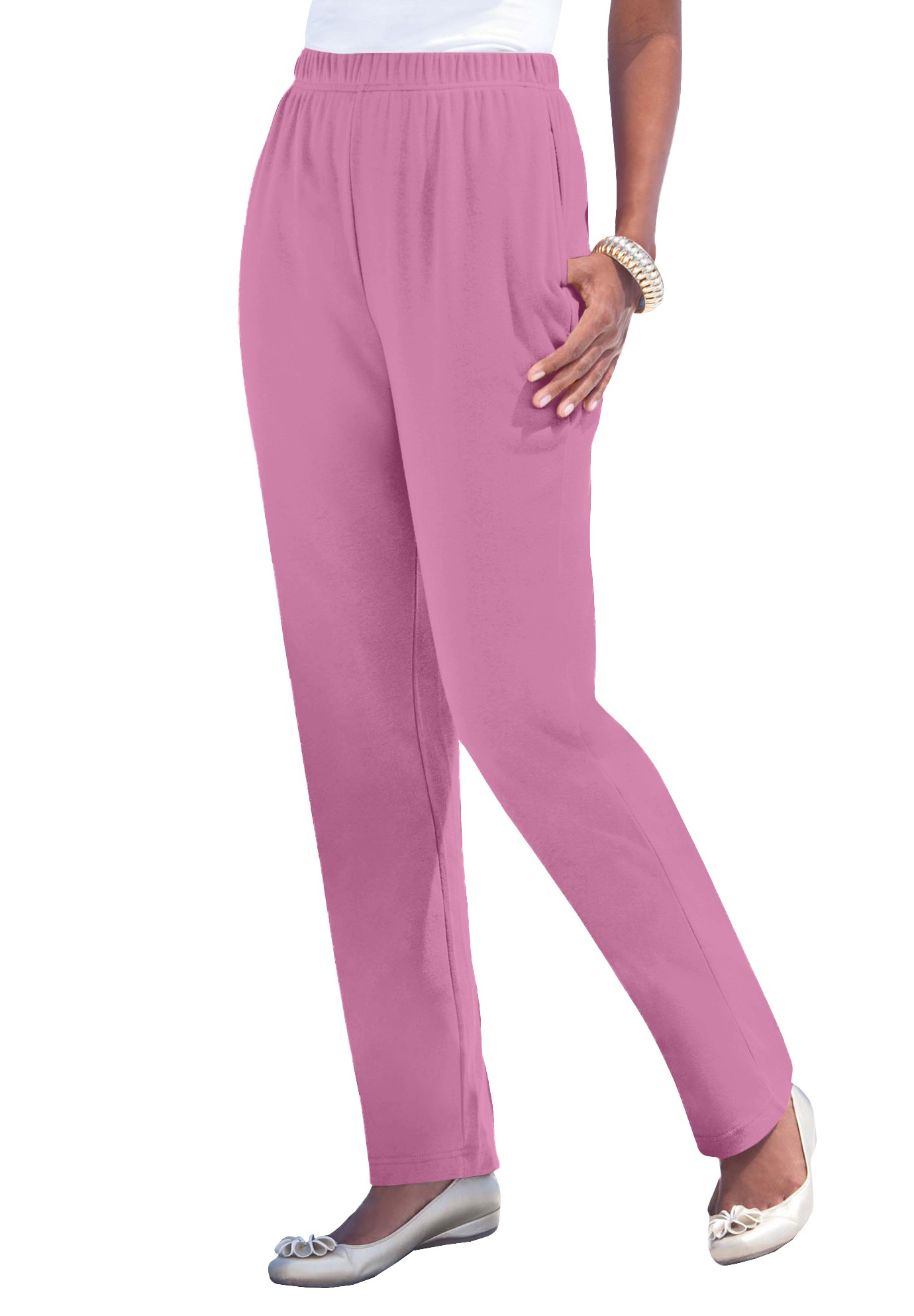 Plus Size Women's Plus Size Straight Leg Soft Knit Pull On Pant by Roaman's in Mauve Orchid (Size 3X) Pull On Elastic Waist