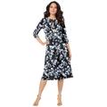 Plus Size Women's Ultrasmooth® Fabric Boatneck Swing Dress by Roaman's in Grey Flower Vine (Size 42/44) Stretch Jersey 3/4 Sleeve Dress