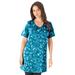 Plus Size Women's Short-Sleeve V-Neck Ultimate Tunic by Roaman's in Teal Texture Leaves (Size 4X) Long T-Shirt Tee