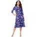 Plus Size Women's Ultrasmooth® Fabric Boatneck Swing Dress by Roaman's in Navy Textured Leaves (Size 38/40) Stretch Jersey 3/4 Sleeve Dress