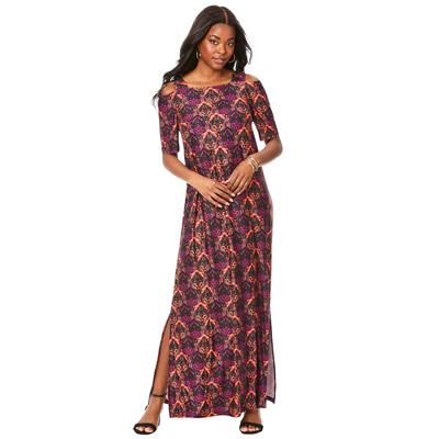 Plus Size Women's Ultrasmooth® Fabric Cold-Shoulder Maxi Dress by Roaman's in Multi Lattice Medallion (Size 26/28)