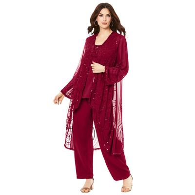 Plus Size Women's Beaded Pant Set by Roaman's in Rich Burgundy (Size 40 W) Sheer Jacket Formal Evening Wear