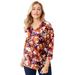 Plus Size Women's Stretch Cotton V-Neck Tee by Jessica London in Dark Berry Shadow Floral (Size 12) 3/4 Sleeve T-Shirt