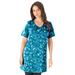 Plus Size Women's Short-Sleeve V-Neck Ultimate Tunic by Roaman's in Teal Texture Leaves (Size M) Long T-Shirt Tee